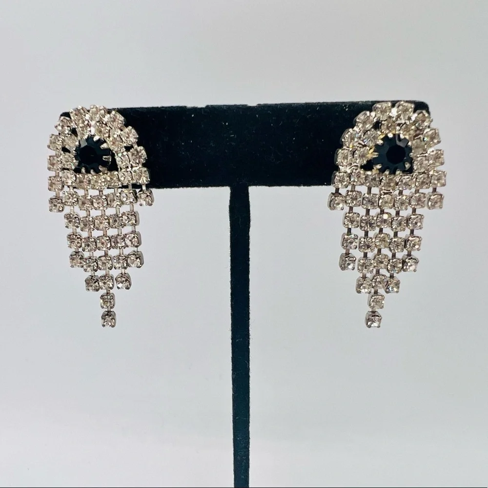 Vintage silver rhinestone fringe pierced earrings black accent dangles unique